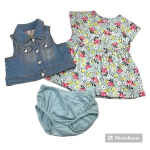 NWT Baby Route 66 denim vest with floral printed dress and bloomer Size 0-3M